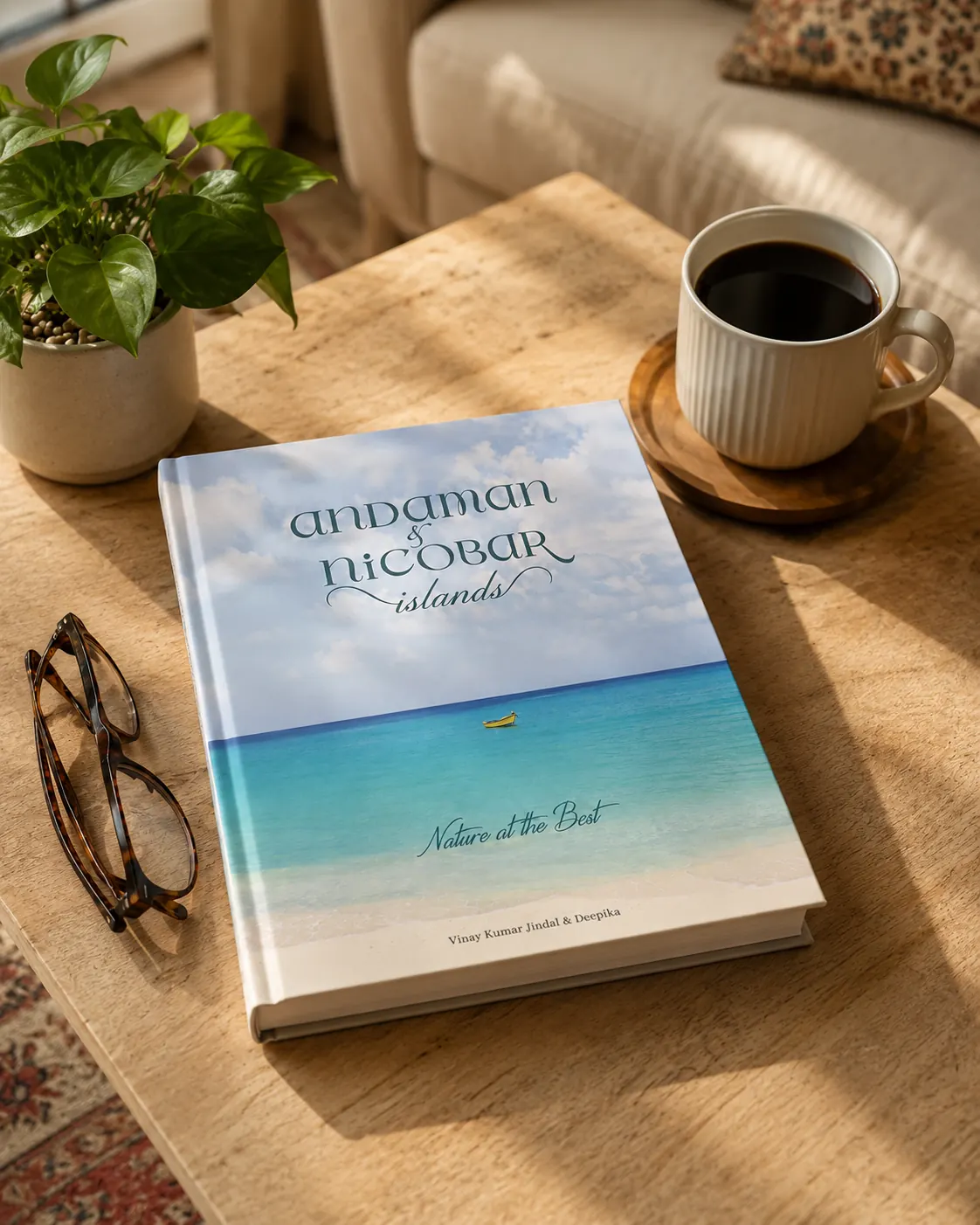 The Andaman & Nicobar Islands book on a sunlit coffee table — a piece you'll want to display